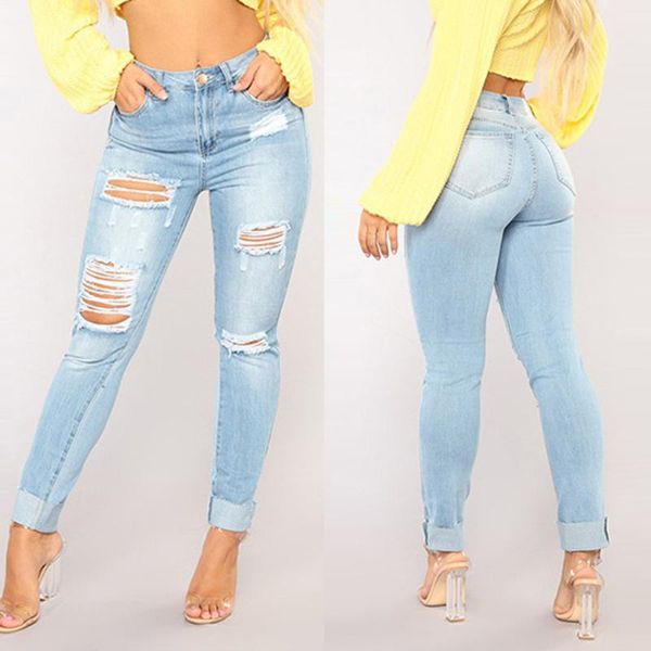 

women's jeans vintage pencil women soild hole no bomb cultivate oneself ankle-length pants mujer mom boyfriend straight 2021 denim, Blue