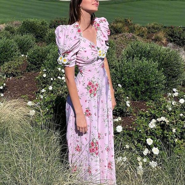 

floral summer puff sleeve women dresses elegant holiday maxi beachwear pink daisy print silk party, Black;gray