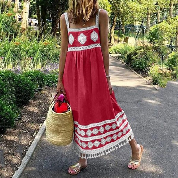 

swing tassel maxi plus size dress women boho print beach holiday strap big suspenders summer sleeveless, White;black