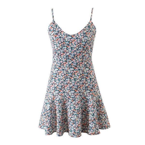 

casual dresses 2021 holiday beach style floral print summer dress sevy v-neck backless shirring mini slip chic fashion a-line vestido, Black;gray