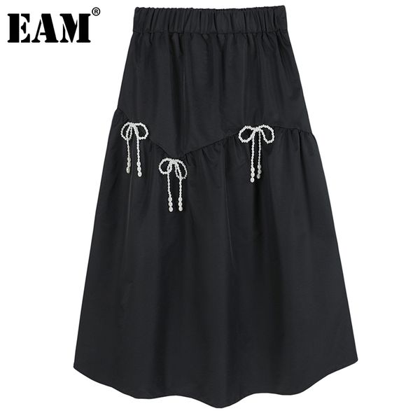

[eam] high elastic waist black pear bow temperament long half-body skirt women fashion spring summer 1dd8968 210512
