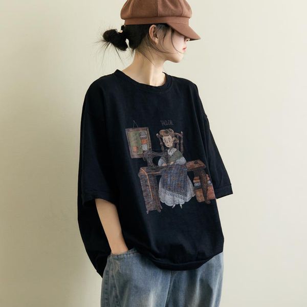 

women's t-shirt summer arts style women short sleeve loose t-shirt all-matched casual vintage print tee shirt femme cotton bi, White