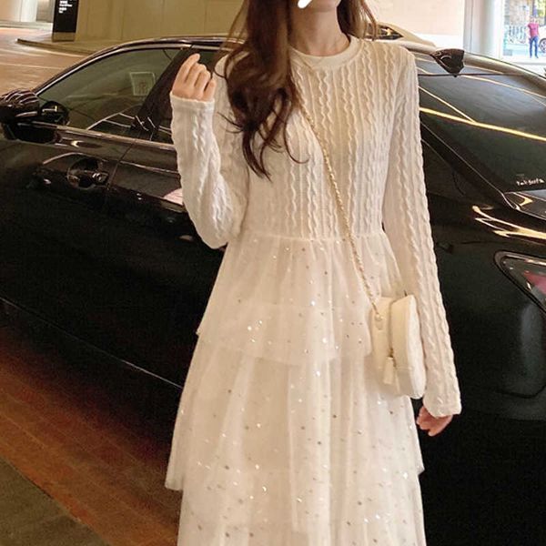 

white knitted fairy dress elegant ruffled women designer sequins winter lady club party long sleeve maxi 210604, Black;gray