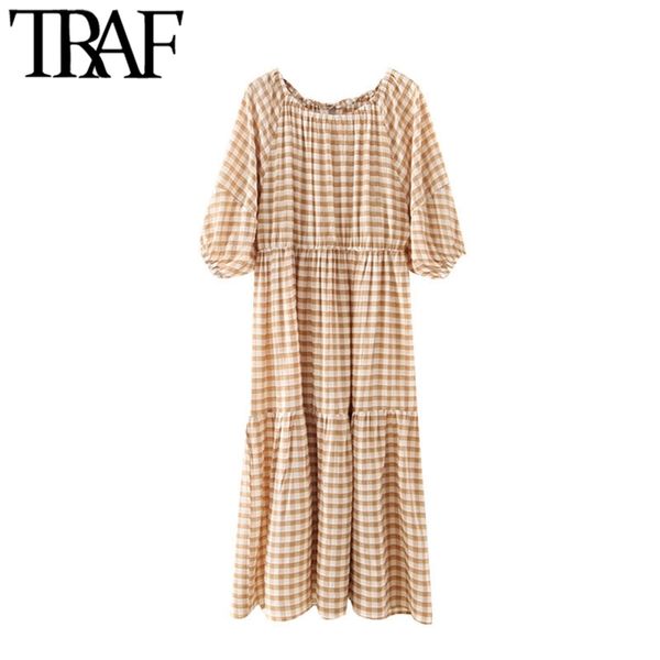 

women chic fashion ruffled check midi dress vintage o neck with elastic short sleeve female dresses vestidos mujer 210507, Black;gray