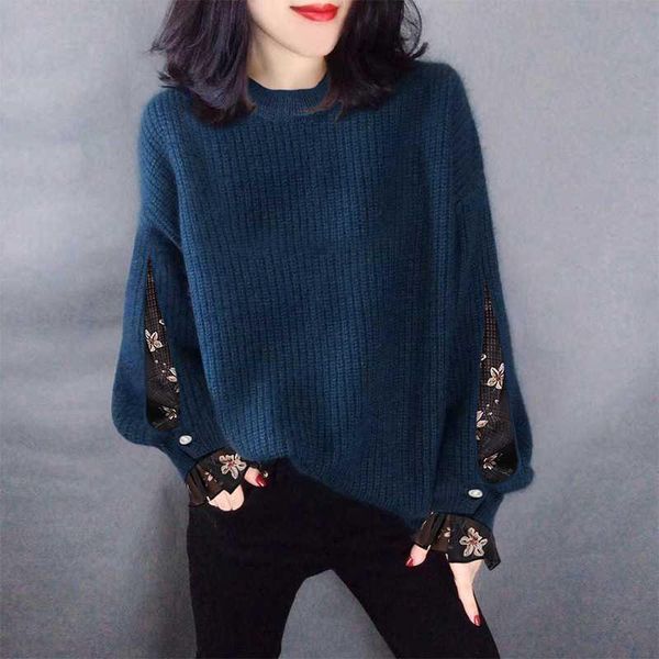 

women's sweaters 2021 sweater autumn and winter round neck pullover fashion mesh loose alpaca wool woman, White;black