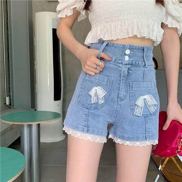 

women's shorts sweet girl denim women hight waist lace bow decoration jeans casual female loose fit blue, White;black