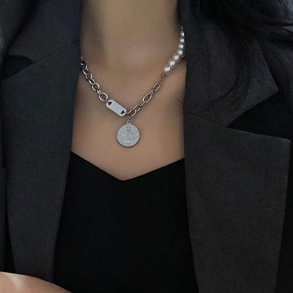 

minar minimalist asymmetric coin pendant necklaces for women mujer chunky hollow linked chain pearl chokers necklace accessories, Silver
