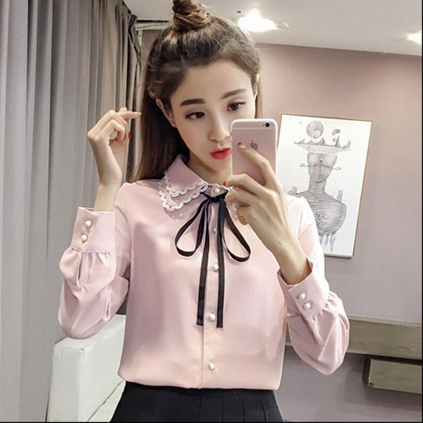 

spring autumn style vintage womens shirts casual long sleeve turn down collar pink white blusas df3089