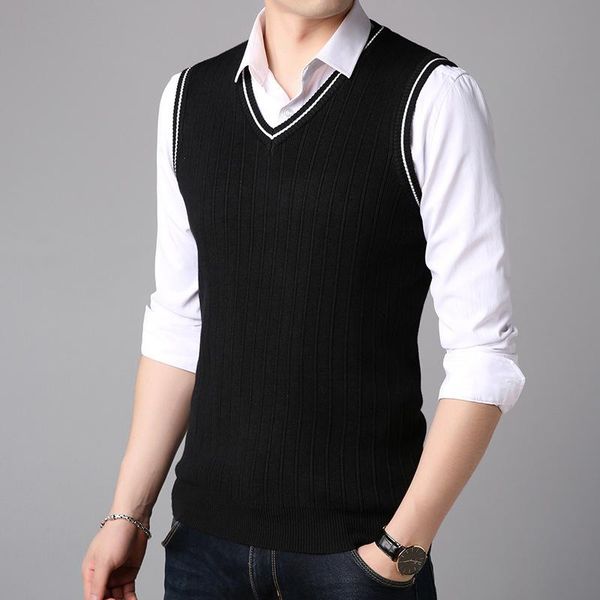 

men's vests autumn striped knitwear vest fashion korean self-cultivation student v-neck office sleeveless pullover men sweater, Black;white