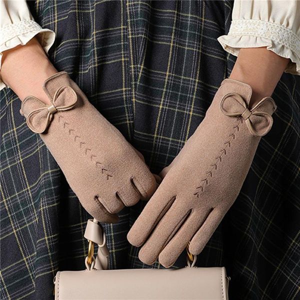 

five fingers gloves women bow embroidery touch screen driving mittens winter outdoor keep warm fashion cycling, Blue;gray
