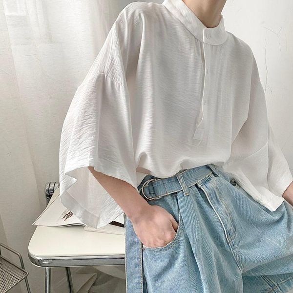 

summer solid color casual shirt men korean fashion loose harajuku streetwear all-match short-sleeved -2xl men's shirts, White;black