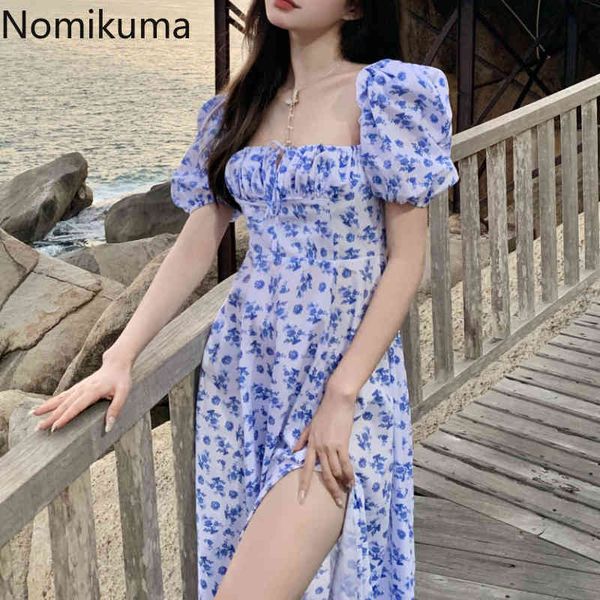

nomikuma floral dress summer dress french temperament square neck puff sleeve dresses women split design vestidos mujer 210514, Black;gray