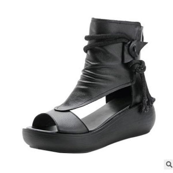 

new women sandals genuine leather summer shoes rome wedges platform thick bottomed breathable comfortable women sandals wenshet, Black