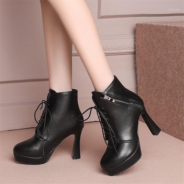 

boots pxelena 2021 autumn winter ankle women high heels platform lace up zipper office lady party dress work shoes plus size 431, Black