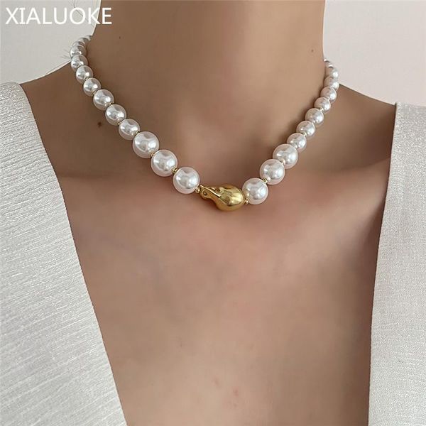 

chokers xialuoke fashion irregular metal gradient pearl necklace for women vintage short clavicle chain necklaces jewellery, Golden;silver