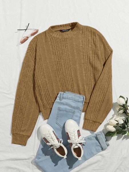 

drop shoulder rib-knit solid pullover m0uj#, White;black