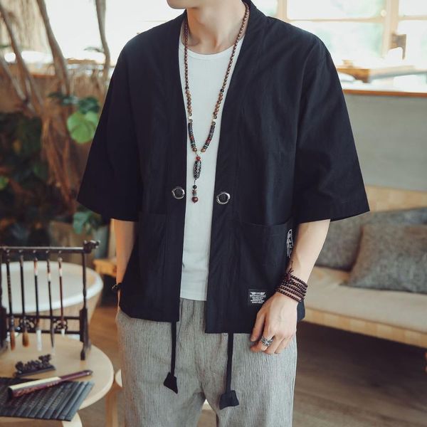 

print streetwear casual jackets japanese kimono cardigan coat men women open stutch vintage loose male samurai ethnic clothing, Red