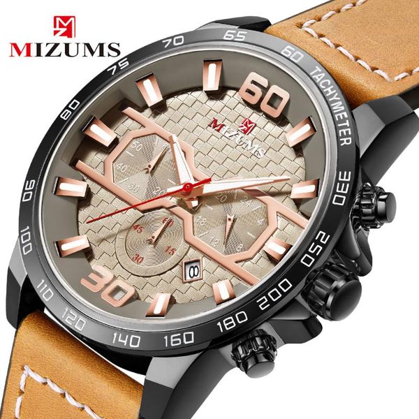

wristwatches mizums watch men fashion quartz watches leather sport wristwatch chronograph creative design big dial clock male dropship, Slivery;brown