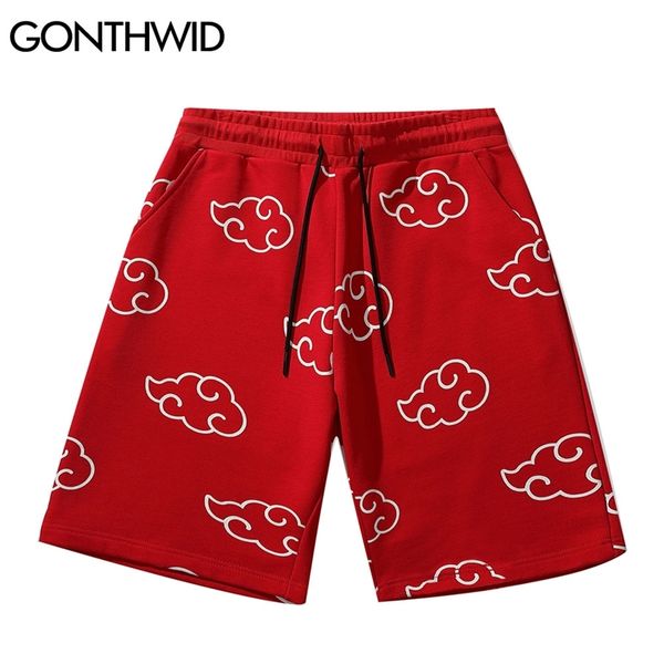 

gonthwid shorts japanese style clouds print sweat pants harajuku men hip hop casual jogging pockets streetwear 210716, White;black