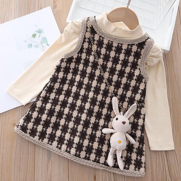 

girl's dresses girls suit 2021 fall/winter baby vest princess dress cartoon satchel bag girl korean high neck t-shirt two-piece, Red;yellow