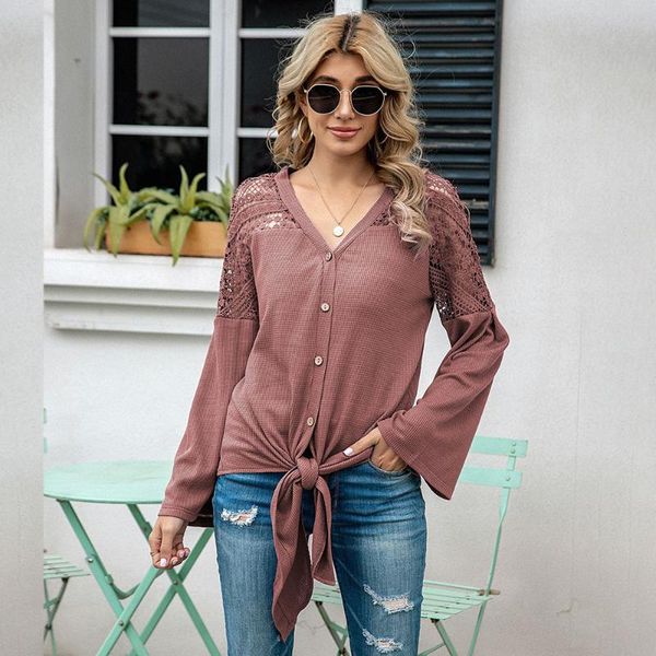 

women's knits & tees 2021 autumn winter women's v neck hollow stitching cardigan solid fashion ladies commuter casual loose cotton, White