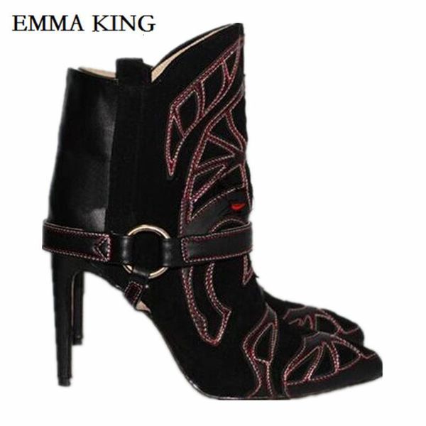 

boots fashion embroidered women ankle pointed toe stiletto cowboy short strappy lady high heels dress shoes 4iip, Black