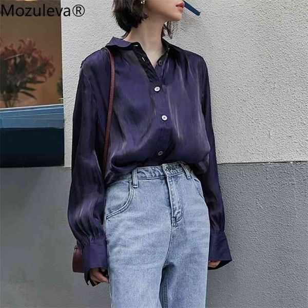 

fashion white satin loose shirts for women spring summer turn-down collar office ladies folds blouse female 210416