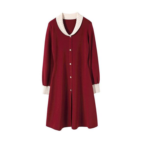 

fashion knitted autumn and winter women's beaded solid color one-breasted bottoming dress for women casual dresses, Black;gray