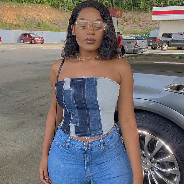 

tanks yiciya 2021 female will see western style tube repair back drawstring design blue cowboy navel vest-shirts, White