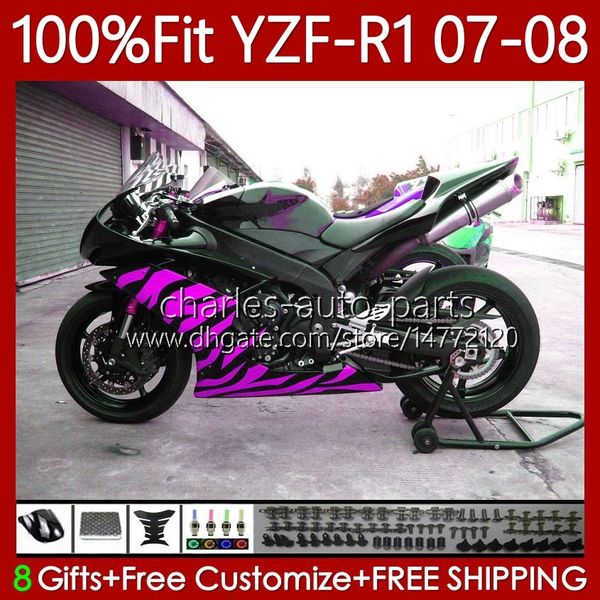 Kit de feiras de OEM para Yamaha 100% Fit YZF-R1 YZF1000 YZF R1 Pink Chamas 2007-2008 Corpo 91no.153 YZF-1000 YZF R 1 1000 CC YZFR1 07 08 1000CC 2007 2008 Bodywork de molde de injeção