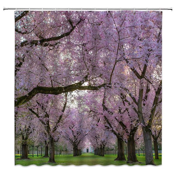 

cherry tree shower curtain decor spring park pink romantic cherry blossom meadow natural scenery green fabric bath curtains
