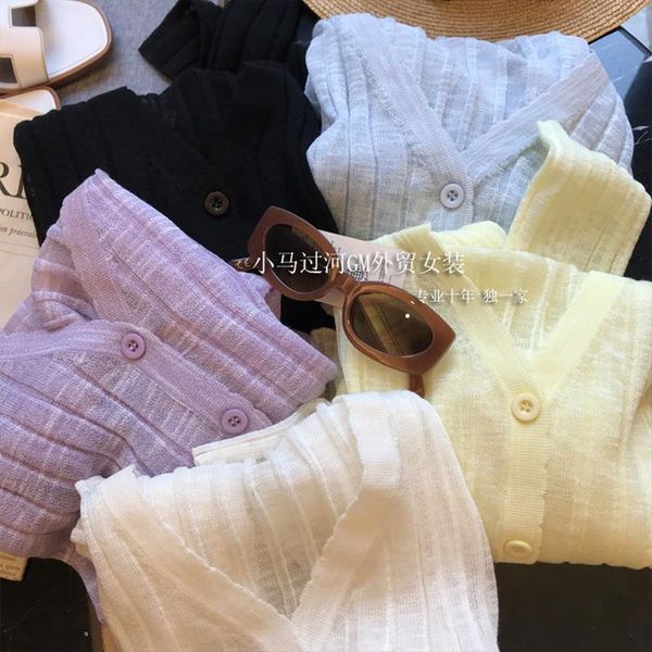 

women's knits & tees 2021 summer women thin cardigans casual knitted v-neck long sleeve button solid color sunscreen crop female, White