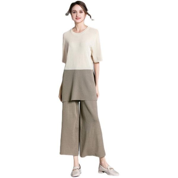 

women's two piece pants summer set tracksuit women colorblock splicing o-neck knitted and wide leg suits fashion casual 2 pcs sets, White