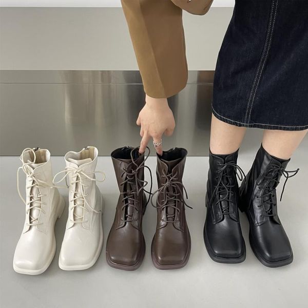 

boots woman flat shoes lace up low mid calf rubber rock ladies microfiber riding rome flock hoof heels solid lace-up mid-calf sq, Black