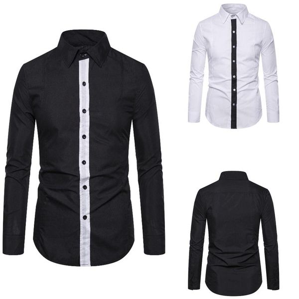 

men's casual shirts men's fashion autumn solid color striped turn-down collar long sleeve slim fit male handsome blouse, White;black
