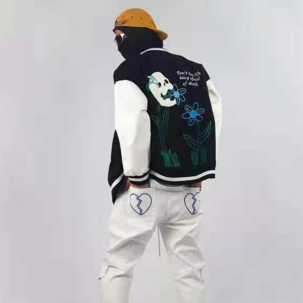 

men's jackets skulls flower print wool color match streetwear mens autumn oversize harajuku stand vibe couple casual coats, Black;brown