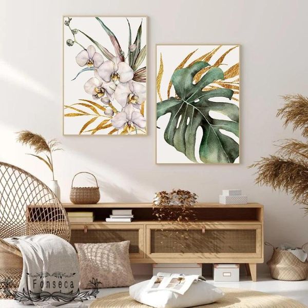 

paintings minimalist watercolor tropical phalaenopsis flower poster golden palm leaf green monstera wall art canvas prints painting