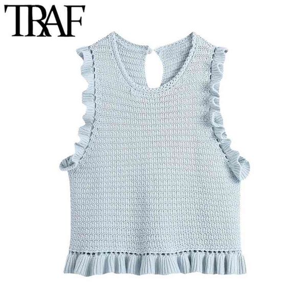 

women sweet fashion with ruffled cropped knit crochet vest sweater vintage sleeveless female waistcoat chic 210507, White