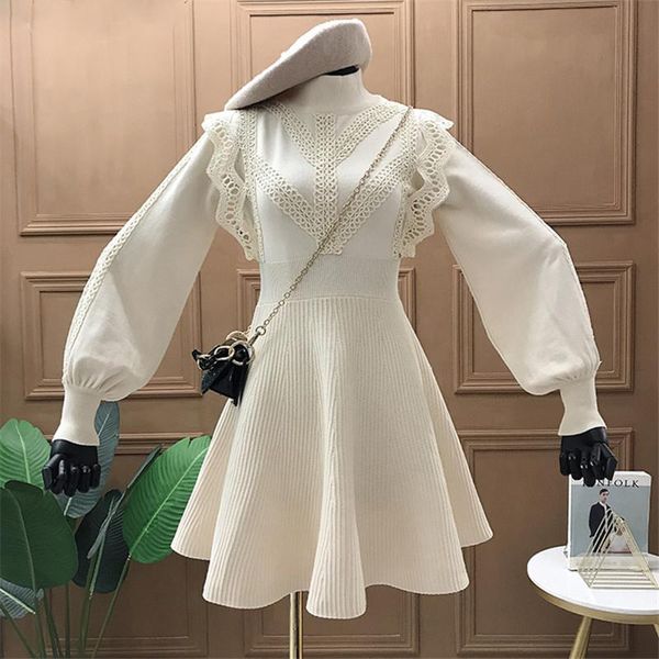 

casual dresses 2021 spring knitted lace sweater dress women lantern sleeve half-turtleneck a-line pleated korean fashion solid vestidos, Black;gray