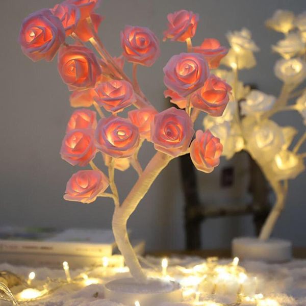 

strings 24led white pink rose flower bedside bedroom night light table lamp home decor simulation tree christmas wedding party