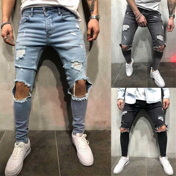 Erkekler Yırtık Delik Kot Rahat Siyah Mavi Sıska Slim Fit Denim Pantolon Biker Hip Hop Jeans ile Seksi Helel 220115
