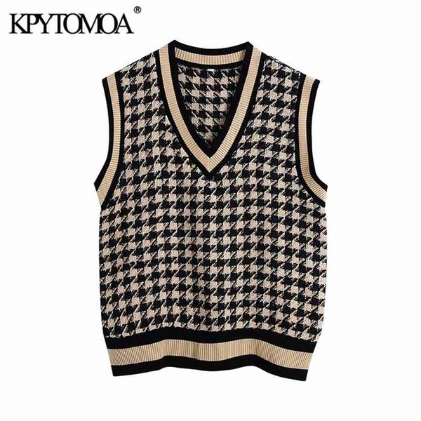 

women fashion oversized houndstooth knitted vest sweater vintage v neck sleeveless female waistcoat chic 210420, Black;white