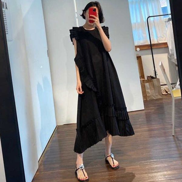 

korean style elegant white dress summer new 2021 round neck fashion ladies solid color casual irregular women clothing y0603, Black;gray