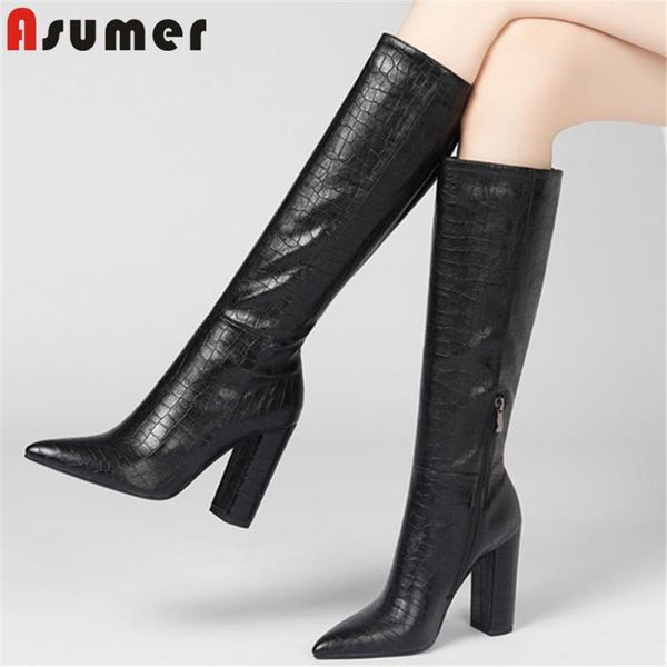 

boots asumer 2021 big size 43 vintage thick high heel dress shoes women knee pointed toe zip autumn winter woman, Black