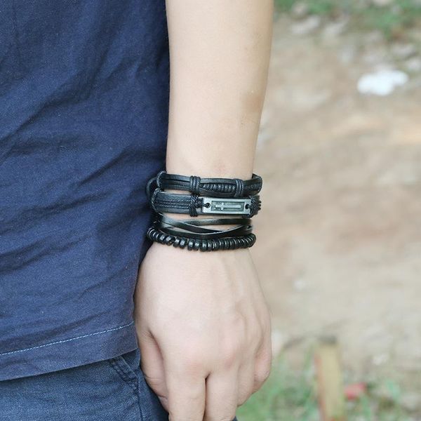 

charm bracelets 4 pieces braided cowhide bracelet set alloy cross grunge gift for men women fashion bohemian summer jewelry hand made diy, Golden;silver