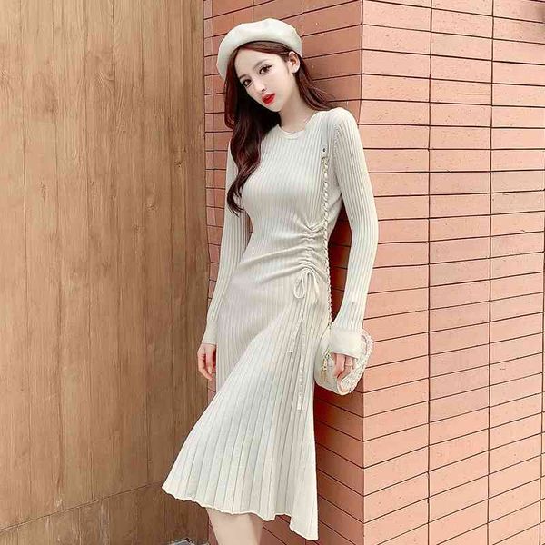 

spring winter long knitted dress women black fashion round collar slim thicken warm sweater pleated 38g 210420, Black;gray