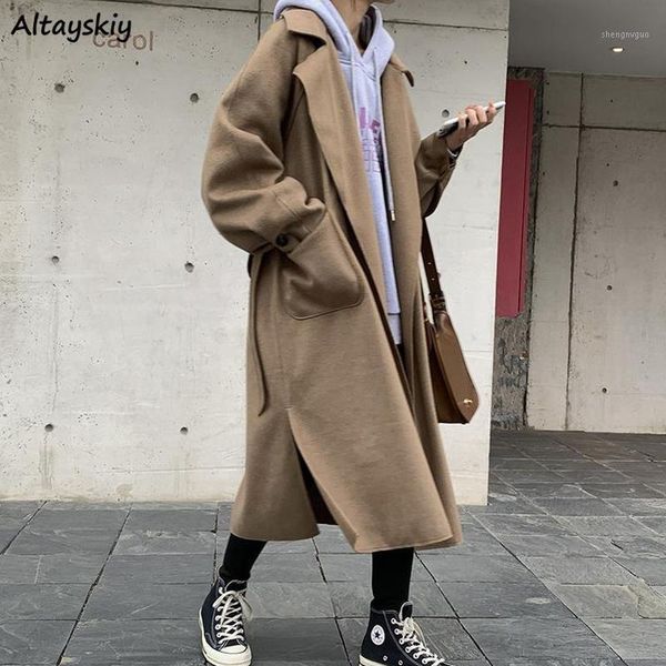 

women's wool & blends women coats solid fashion loose casual streetwear cool classic elegant gentle warm teens ulzzang vintage all-matc, Black