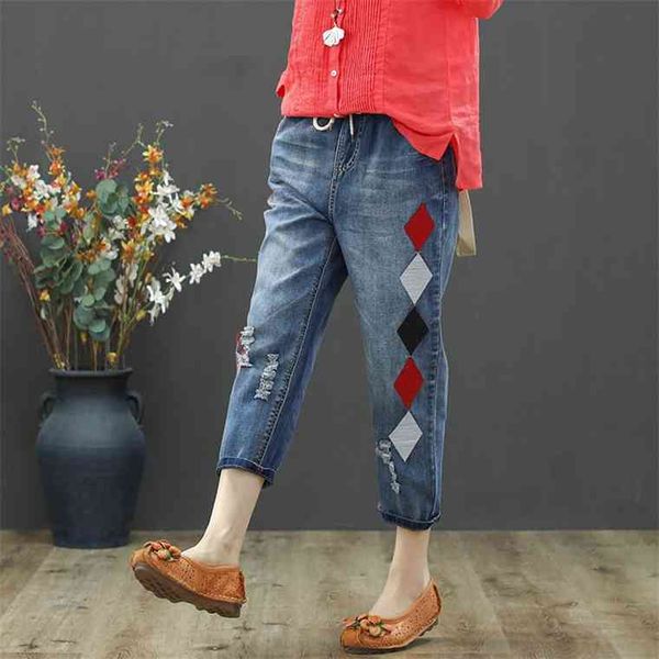 

max lulu 2021 fashion summer ladies luxury embroidery jeans womens vintage ripped denim trousers loose holes elastic harem pants, Blue