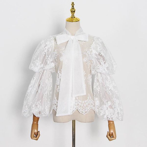 

women's blouses & shirts see through blouse for women bow collar lantern long sleeve white patchwork lace shirt female fashion clothes