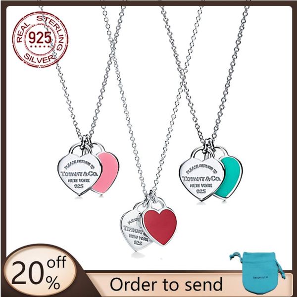 

pendant necklaces double heart enamel women necklace 925 sterling silver jewelry pink sweet fashion birthday gift